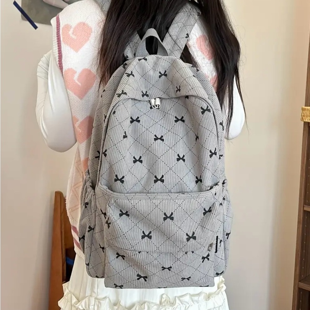 Gray Bow Quilted Backpack – Soft Corduroy Aesthetic with Spacious Design (16.1